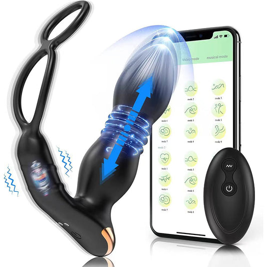 Bluetooth Control Thrusting Prostate Massager With Dual Cock Ring